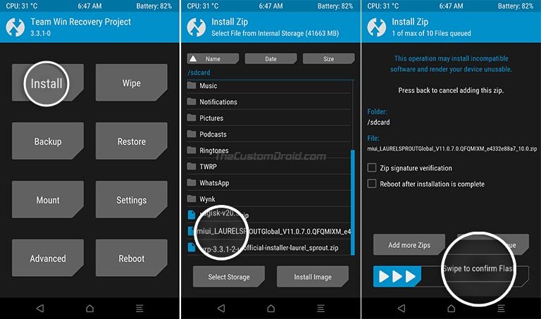 how to flash Android 10 on Mi A3 manually using TWRP Recovery.