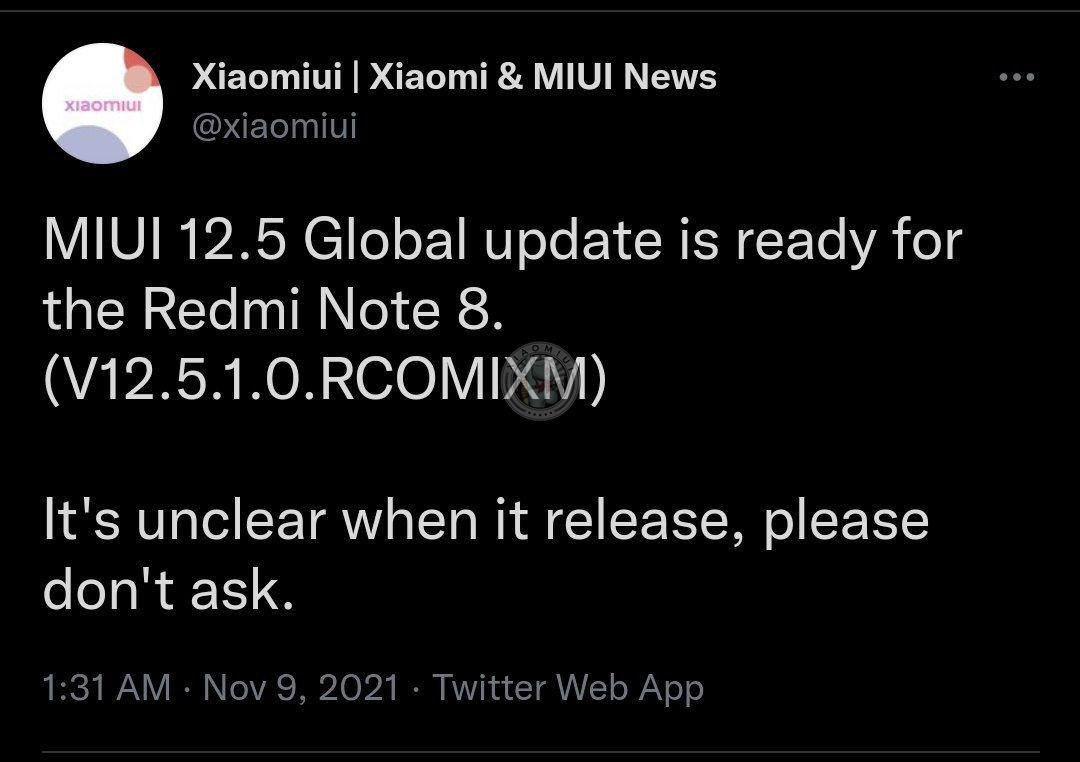 Global Redmi Note 8 MIUI 12.5 update